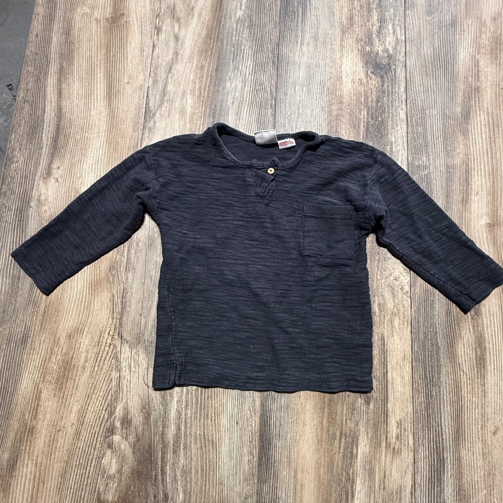 Zara Henley Long Sleeve Shirt Charcoal Grey Slub Minimalist